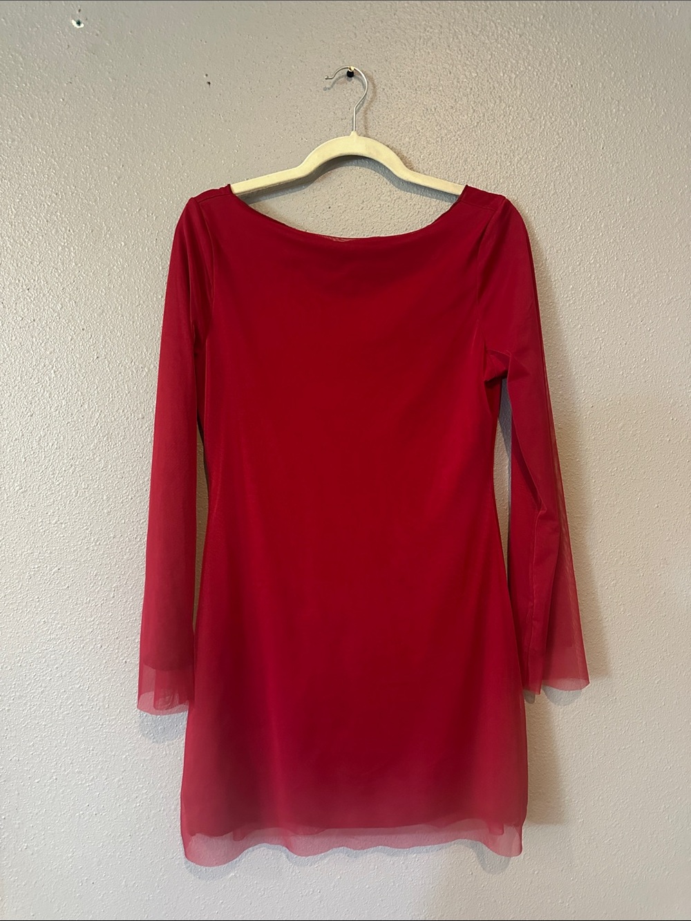 Women’s Red Long-Sleeve Sheer Overlay Dress